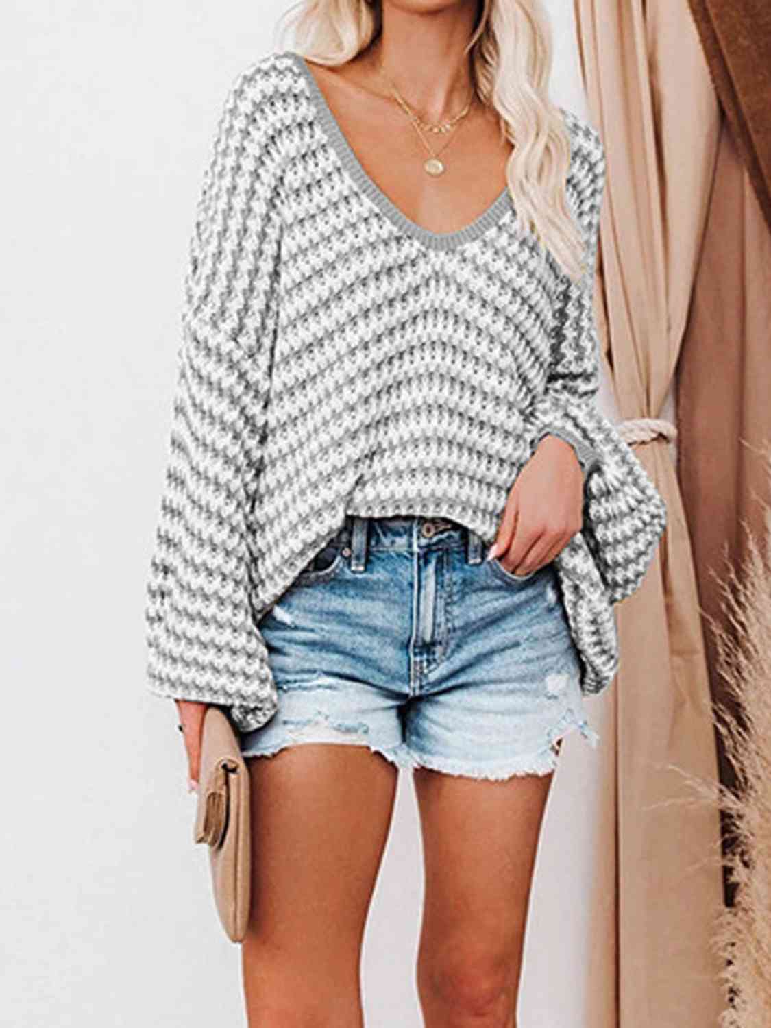 Womens Sweater-Striped Drop Shoulder V-Neck Sweater | sweater