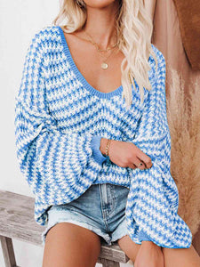 Womens Sweater-Striped Drop Shoulder V-Neck Sweater | sweater