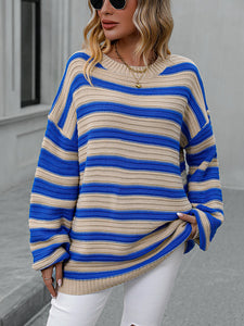 Womens Sweater-Striped Dropped Shoulder Sweater