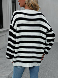 Womens Sweater-Striped Dropped Shoulder Sweater