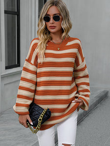 Womens Sweater-Striped Dropped Shoulder Sweater