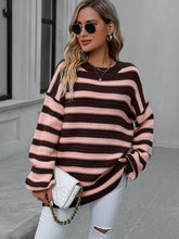 Load image into Gallery viewer, Womens Sweater-Striped Dropped Shoulder Sweater
