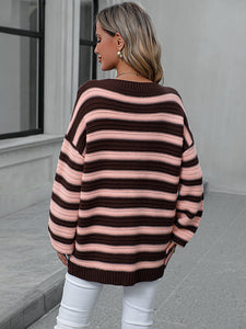 Womens Sweater-Striped Dropped Shoulder Sweater