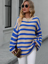 Load image into Gallery viewer, Womens Sweater-Striped Dropped Shoulder Sweater
