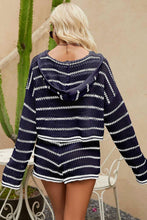 Load image into Gallery viewer, Womens Short Set-Striped Openwork Knit Hoodie and Shorts Set
