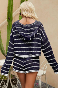 Womens Short Set-Striped Openwork Knit Hoodie and Shorts Set