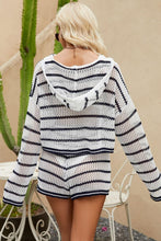 Load image into Gallery viewer, Womens Short Set-Striped Openwork Knit Hoodie and Shorts Set
