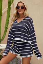 Load image into Gallery viewer, Womens Short Set-Striped Openwork Knit Hoodie and Shorts Set
