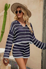 Load image into Gallery viewer, Womens Short Set-Striped Openwork Knit Hoodie and Shorts Set
