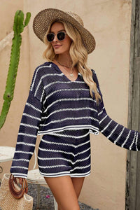 Womens Short Set-Striped Openwork Knit Hoodie and Shorts Set