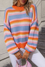 Load image into Gallery viewer, Womens Sweater-Striped Round Neck Dropped Shoulder Sweater
