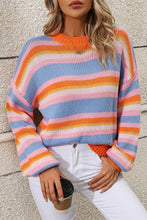 Load image into Gallery viewer, Womens Sweater-Striped Round Neck Dropped Shoulder Sweater
