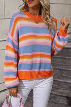 Load image into Gallery viewer, Womens Sweater-Striped Round Neck Dropped Shoulder Sweater
