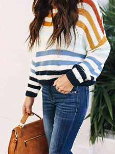 Womens Top-Summer Striped Round Neck Knit Top