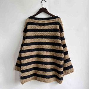 Womens Sweater-Striped Round Neck Long Sleeve Sweater