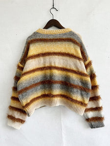 Womens Sweater-Striped Round Neck Long Sleeve Sweater