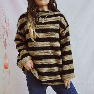 Womens Sweater-Striped Round Neck Long Sleeve Sweater