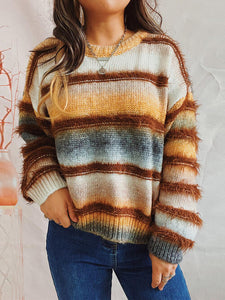 Womens Sweater-Striped Round Neck Long Sleeve Sweater