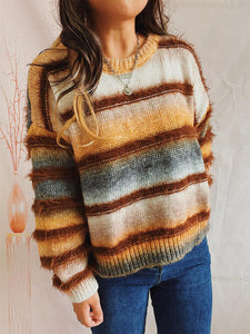 Womens Sweater-Striped Round Neck Long Sleeve Sweater