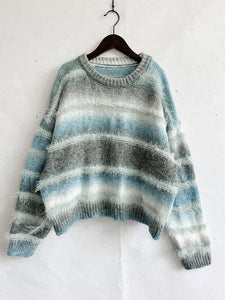 Womens Sweater-Striped Round Neck Long Sleeve Sweater