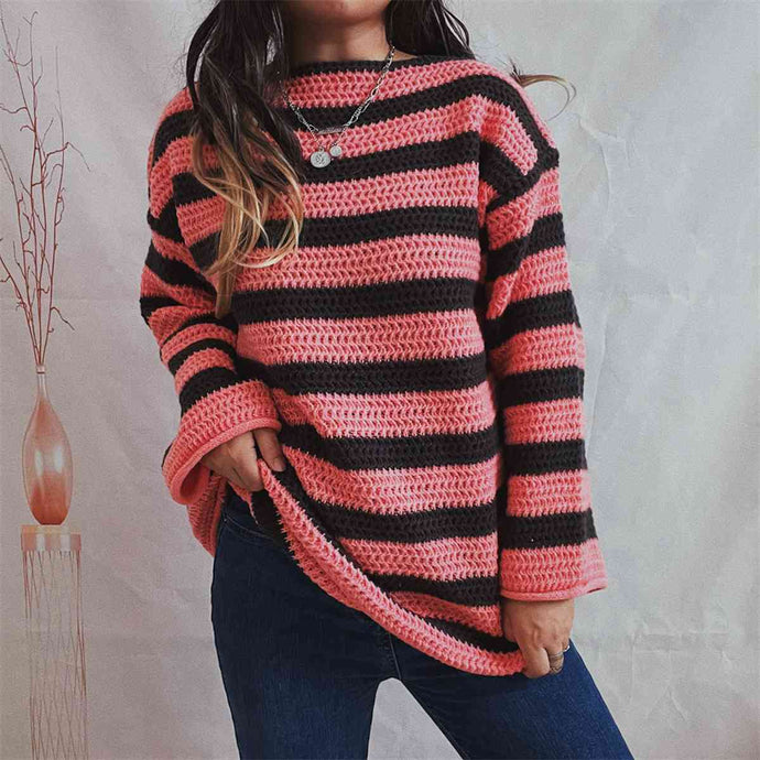 Womens Sweater-Striped Round Neck Long Sleeve Sweater