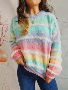 Womens Sweater-Striped Round Neck Long Sleeve Sweater