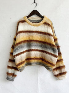 Womens Sweater-Striped Round Neck Long Sleeve Sweater