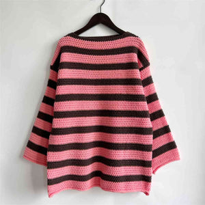 Womens Sweater-Striped Round Neck Long Sleeve Sweater