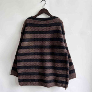 Womens Sweater-Striped Round Neck Long Sleeve Sweater