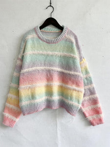 Womens Sweater-Striped Round Neck Long Sleeve Sweater