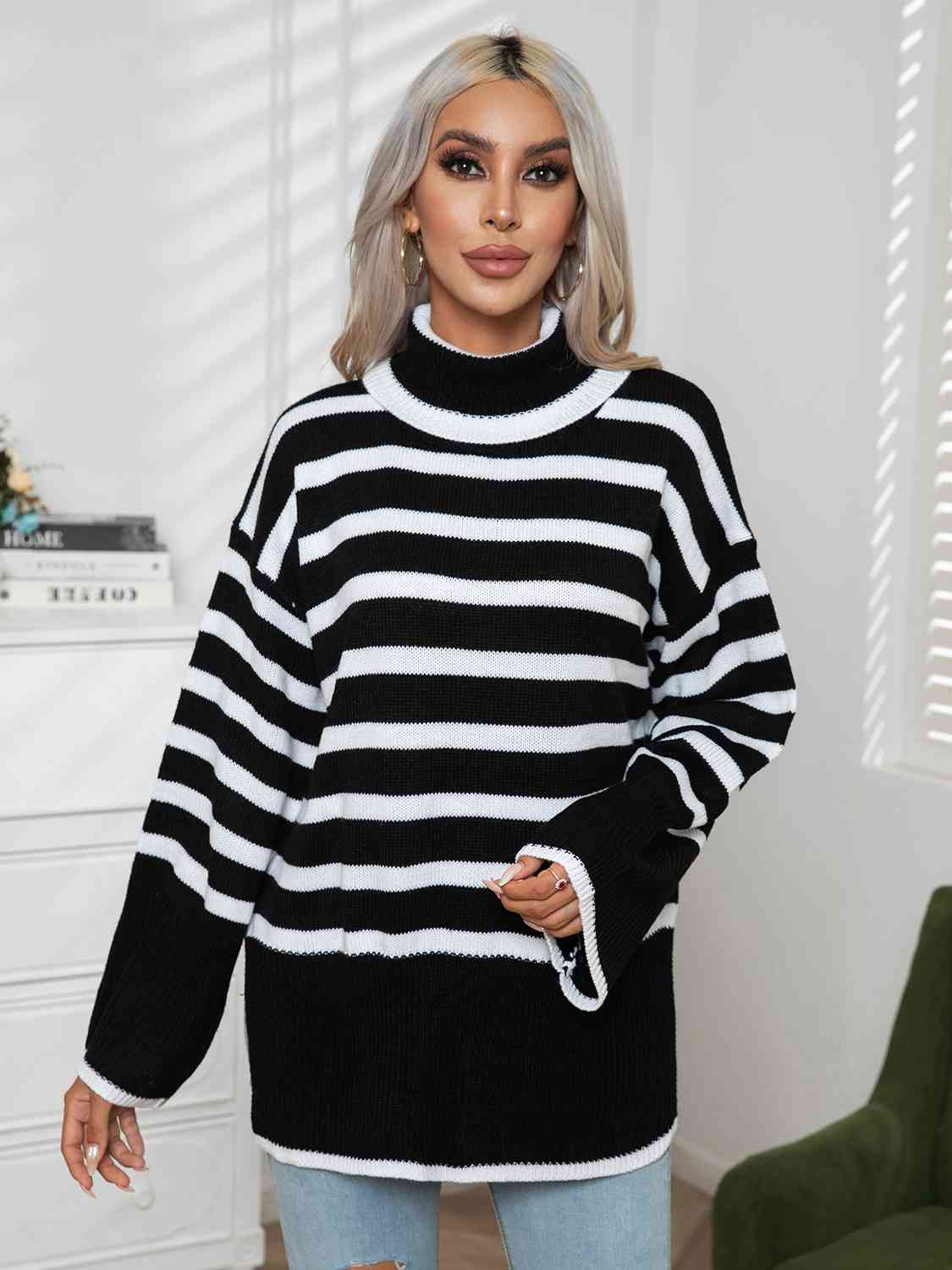 Womens Sweater-Striped Slit Turtleneck Drop Shoulder Sweater