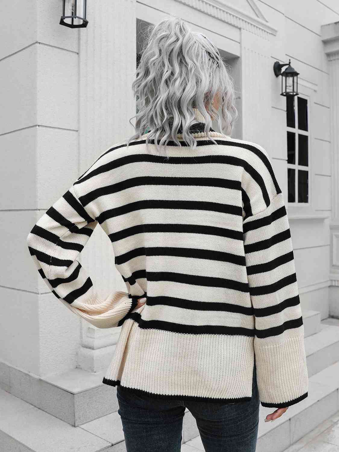 Womens Sweater-Striped Slit Turtleneck Drop Shoulder Sweater