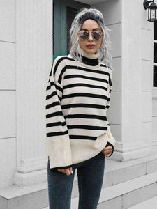 Womens Sweater-Striped Slit Turtleneck Drop Shoulder Sweater