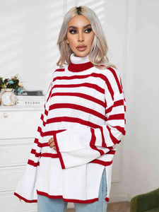Womens Sweater-Striped Slit Turtleneck Drop Shoulder Sweater