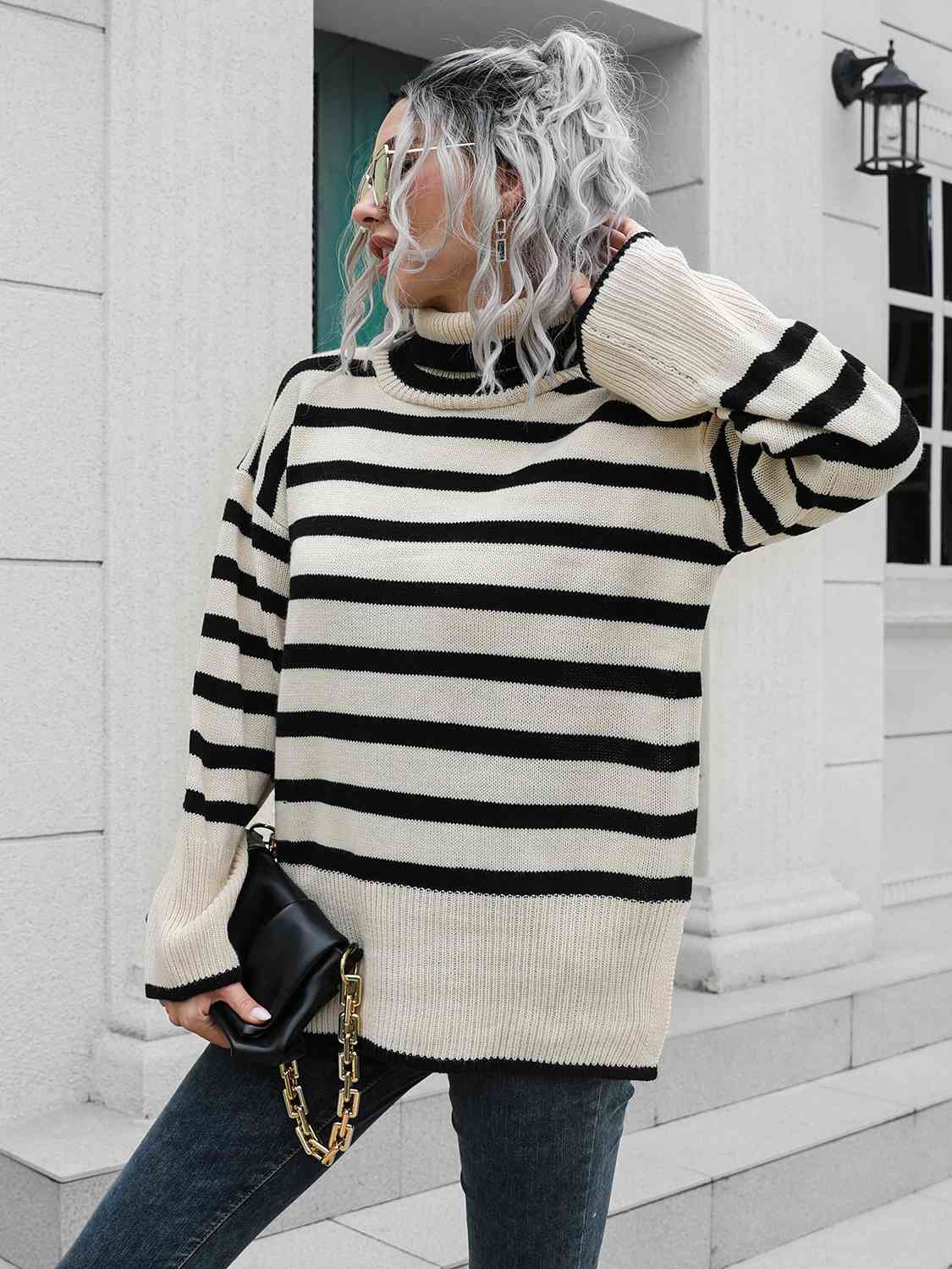 Womens Sweater-Striped Slit Turtleneck Drop Shoulder Sweater