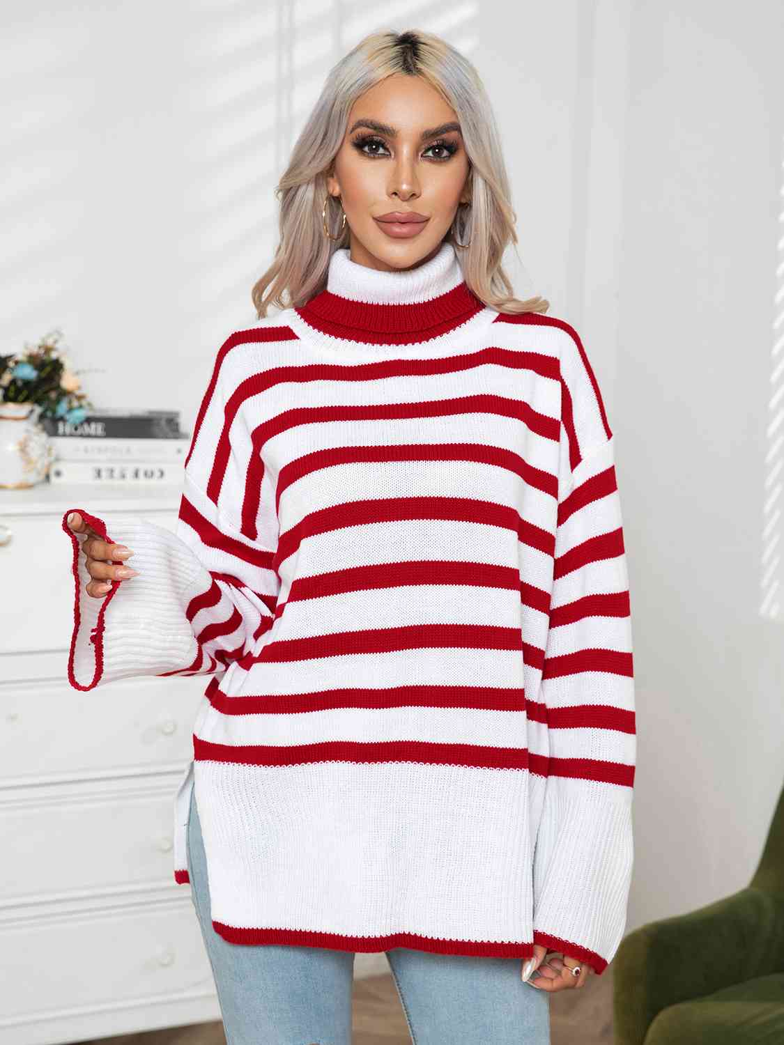 Womens Sweater-Striped Slit Turtleneck Drop Shoulder Sweater