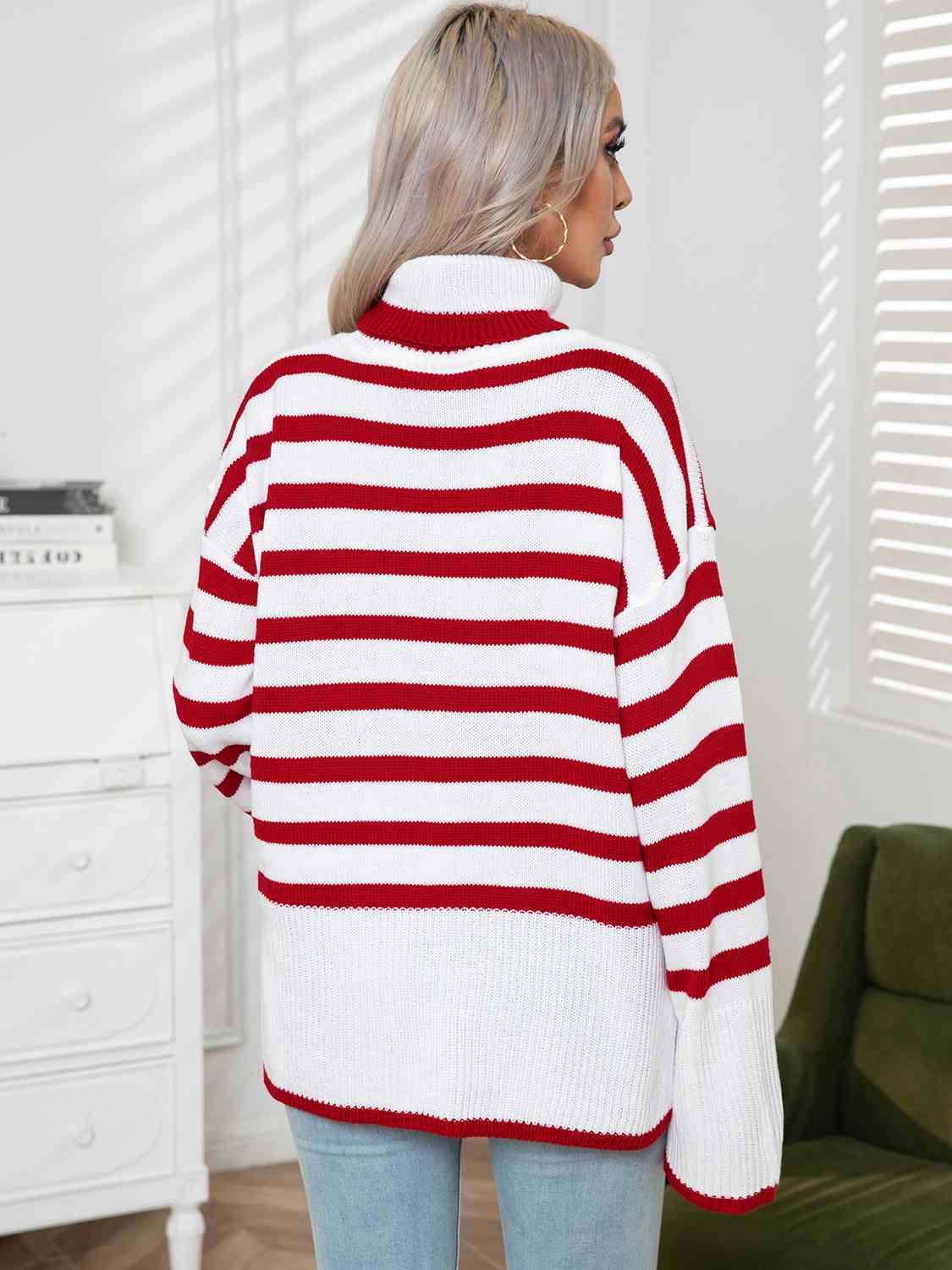 Womens Sweater-Striped Slit Turtleneck Drop Shoulder Sweater