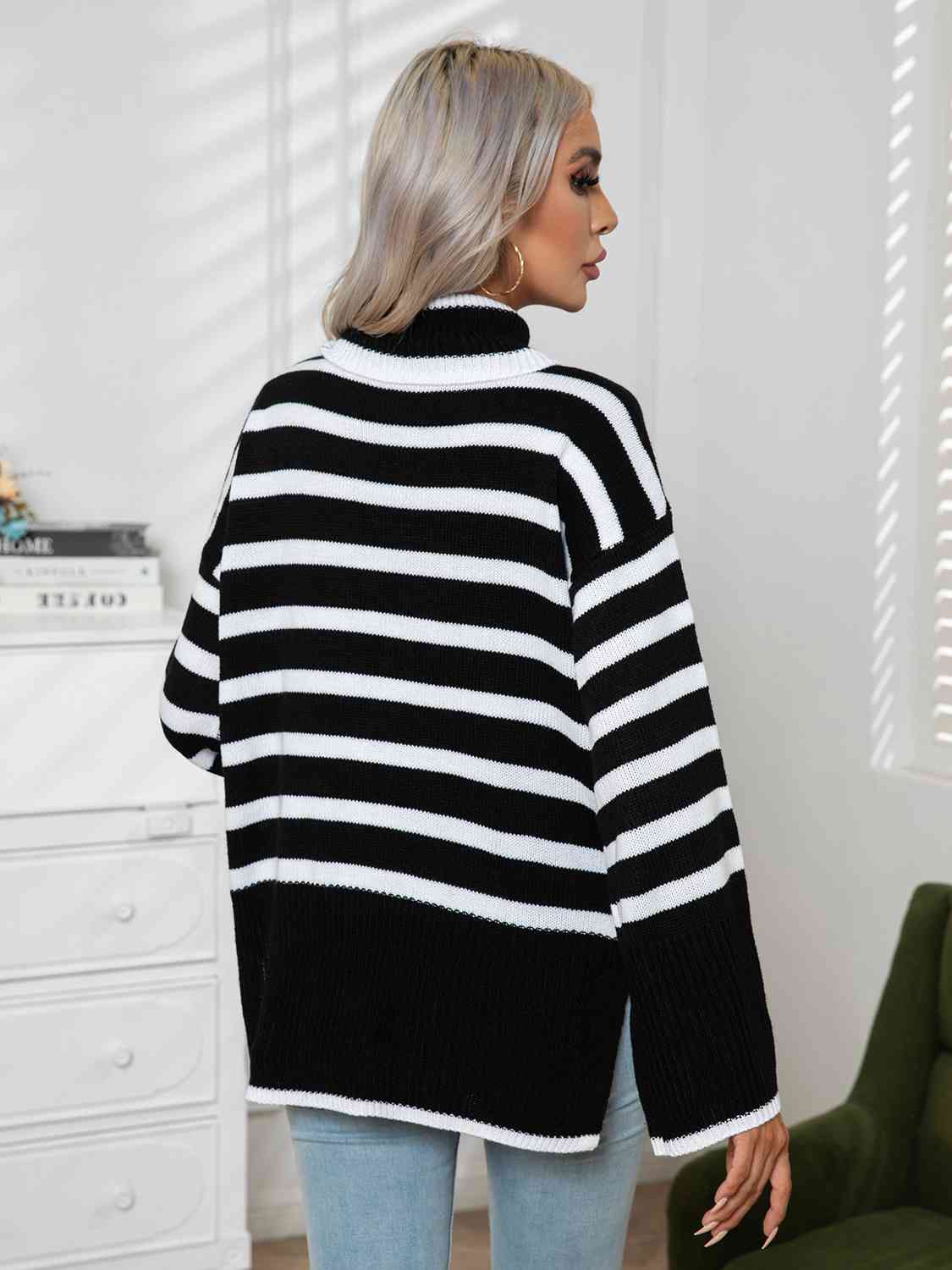 Womens Sweater-Striped Slit Turtleneck Drop Shoulder Sweater