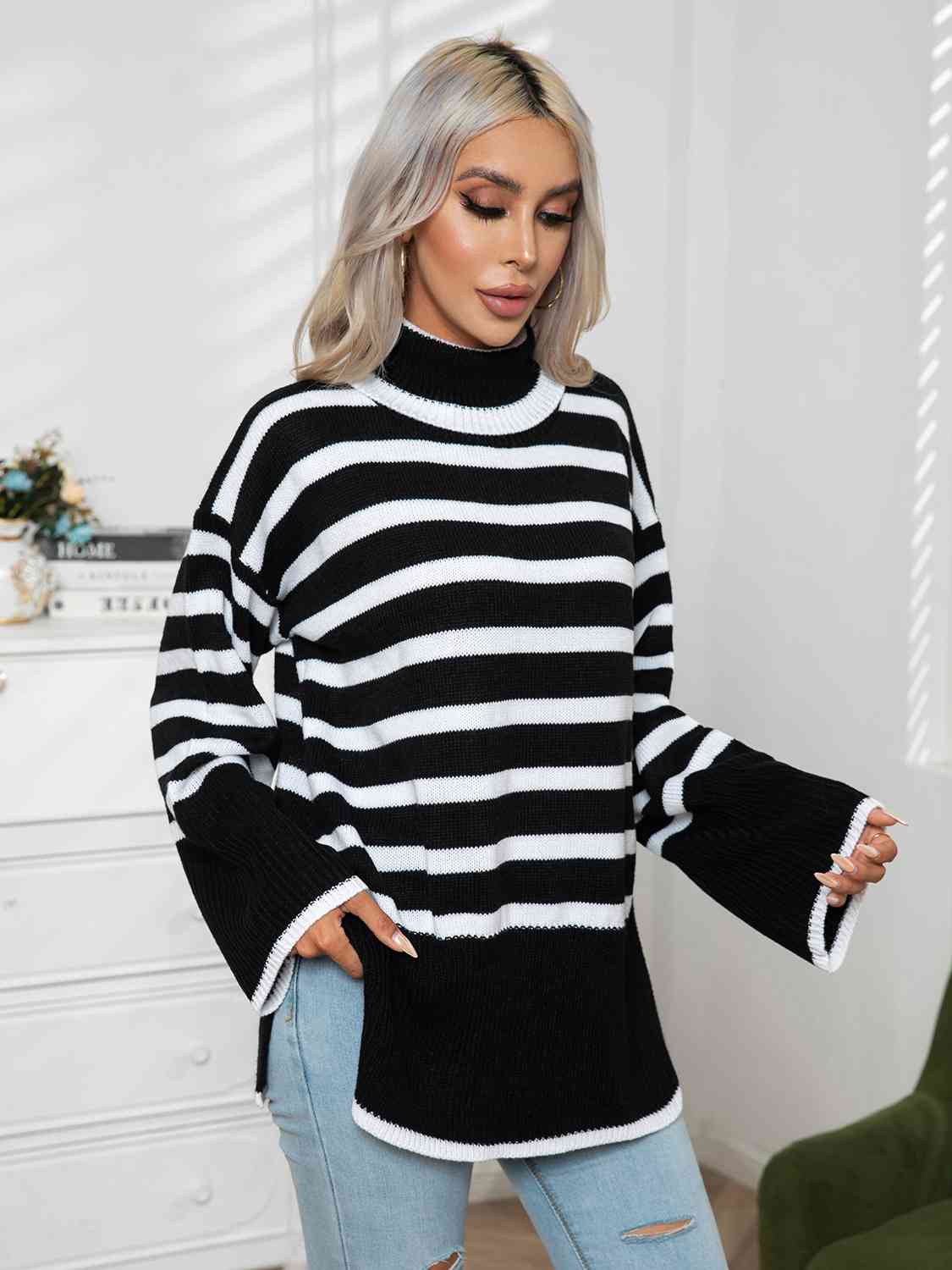 Womens Sweater-Striped Slit Turtleneck Drop Shoulder Sweater