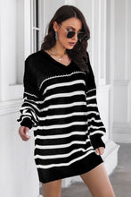 Load image into Gallery viewer, Womens Sweater Dress-Striped V-Neck Drop Shoulder Sweater Dress
