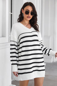 Womens Sweater Dress-Striped V-Neck Drop Shoulder Sweater Dress