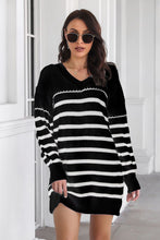 Load image into Gallery viewer, Womens Sweater Dress-Striped V-Neck Drop Shoulder Sweater Dress
