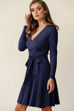 Load image into Gallery viewer, Womens Dress-Surplice Neck Tie Waist Pleated Dress | Dresses
