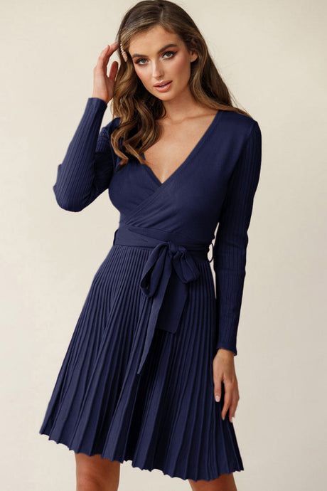 Womens Dress-Surplice Neck Tie Waist Pleated Dress | Dresses