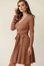 Load image into Gallery viewer, Womens Dress-Surplice Neck Tie Waist Pleated Dress | Dresses
