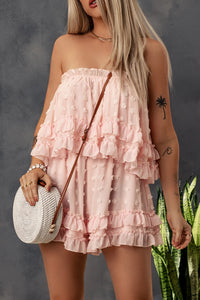 Womens Romper-Swiss Dot Ruffled Strapless Romper | Romper