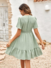 Load image into Gallery viewer, Womens Dress-Swiss Dot V-Neck Openwork Puff Sleeve Dress | Dress
