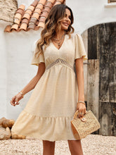 Load image into Gallery viewer, Womens Dress-Swiss Dot V-Neck Openwork Puff Sleeve Dress | Dress
