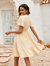 Load image into Gallery viewer, Womens Dress-Swiss Dot V-Neck Openwork Puff Sleeve Dress | Dress
