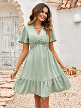 Load image into Gallery viewer, Womens Dress-Swiss Dot V-Neck Openwork Puff Sleeve Dress | Dress
